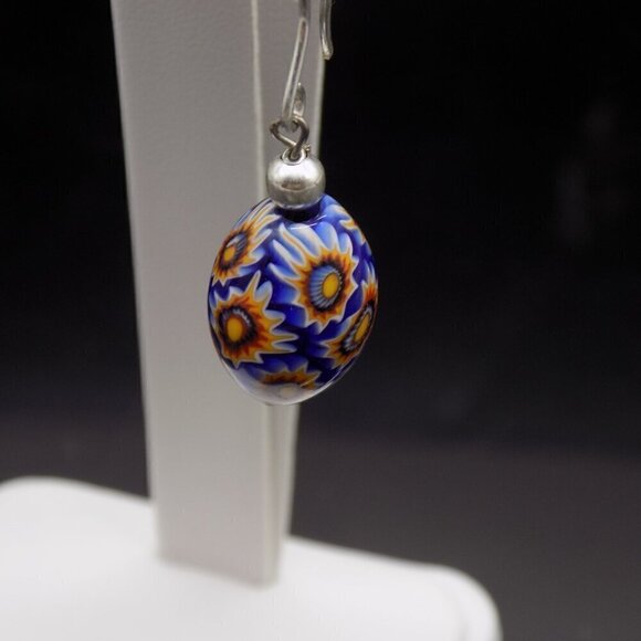 925 Sterling Silver Blue Glass Earrings Floral Beads Millefiori Style Signed FAS - Picture 4 of 5